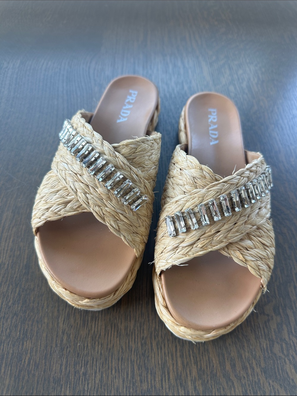 Prada Crystal-Embellished Raffia Flat Espadrilles, Size 39